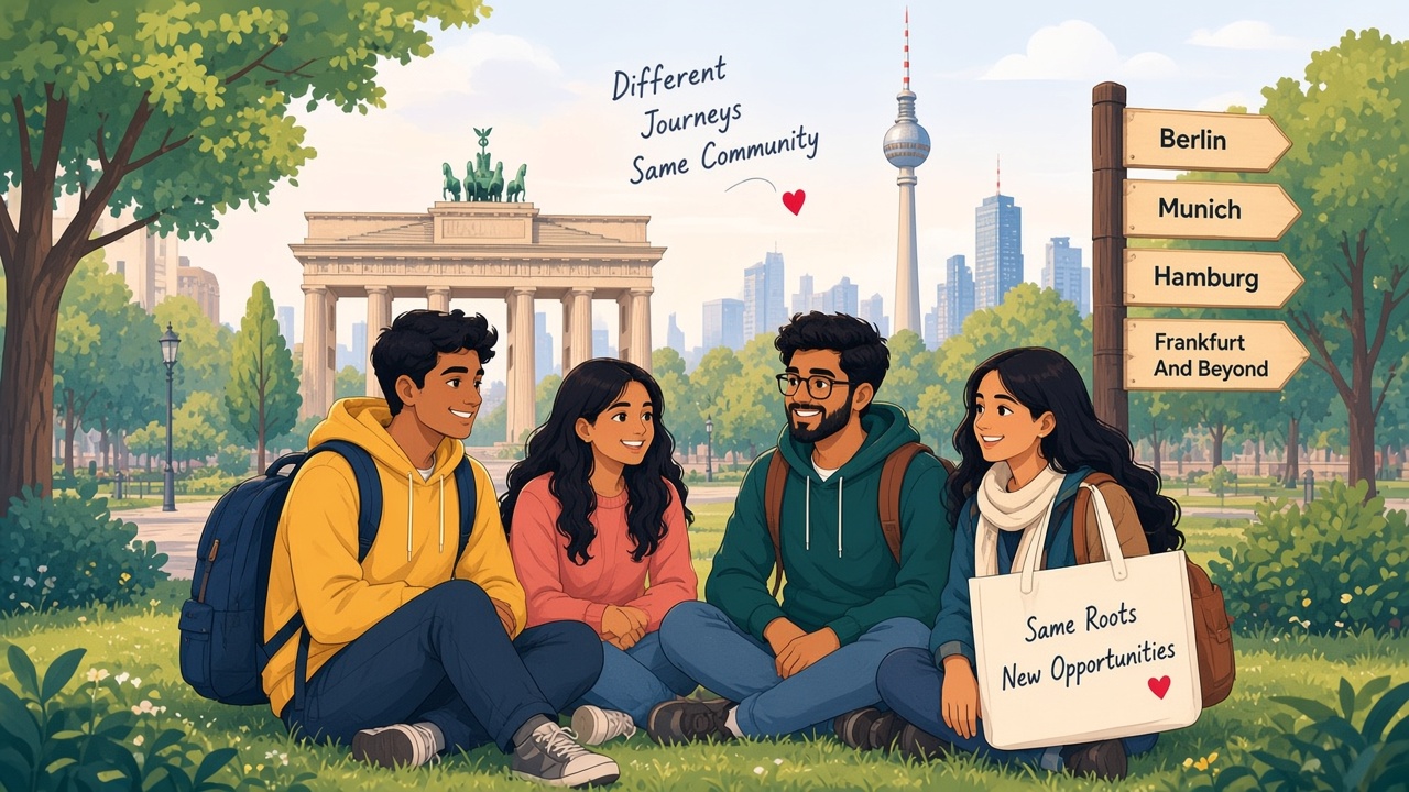 An illustration of Indian friends connecting in Germany